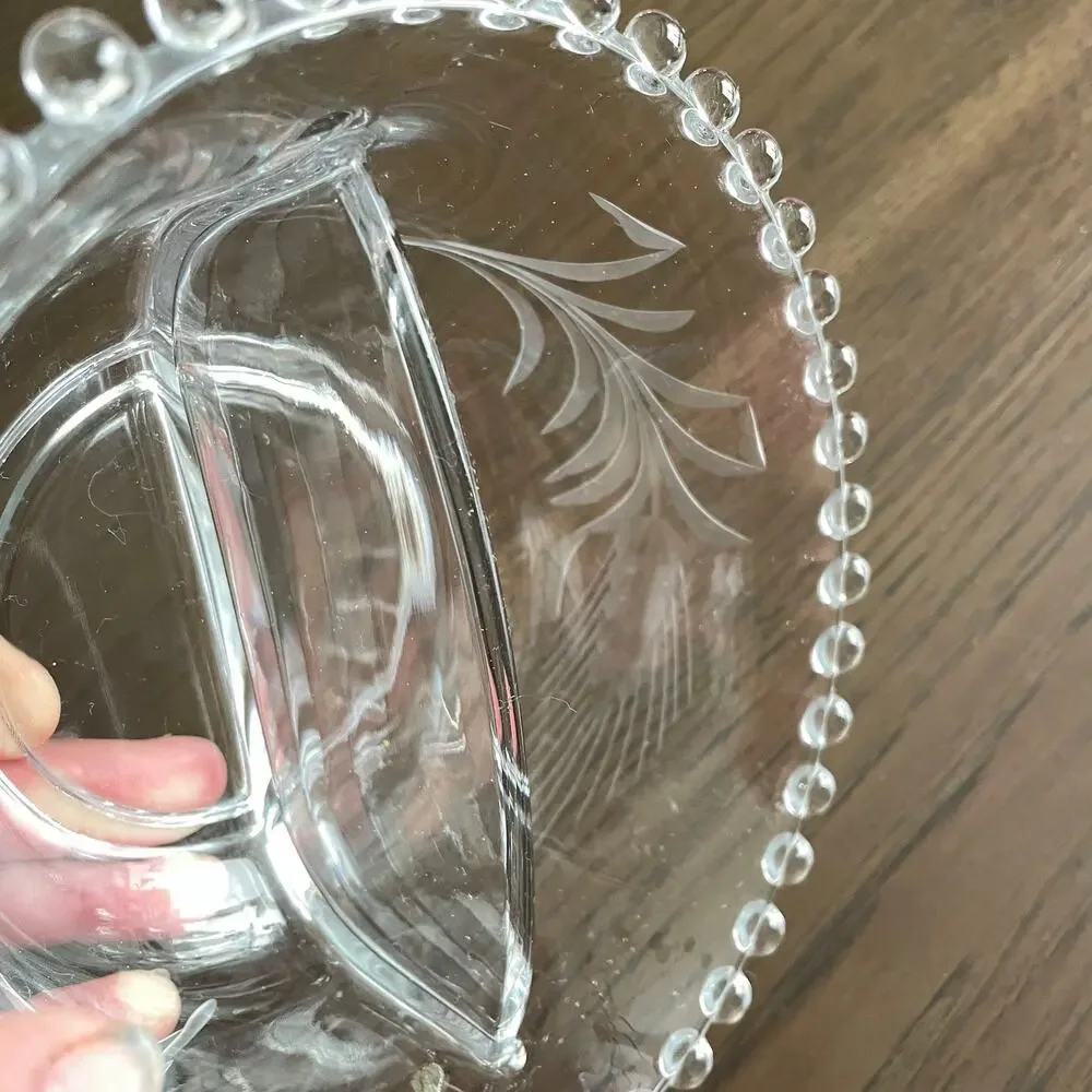 Imperial Candlewick Divided Etched Glass Bowl Bead Edge Wheat Serving Elegant